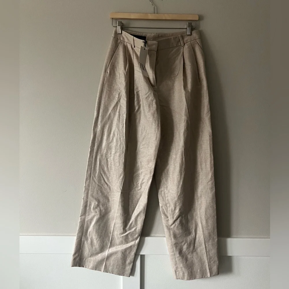 ZARA Beige Linen Blend Pleated Trousers Wide Leg Tailored Pants Size S NWT